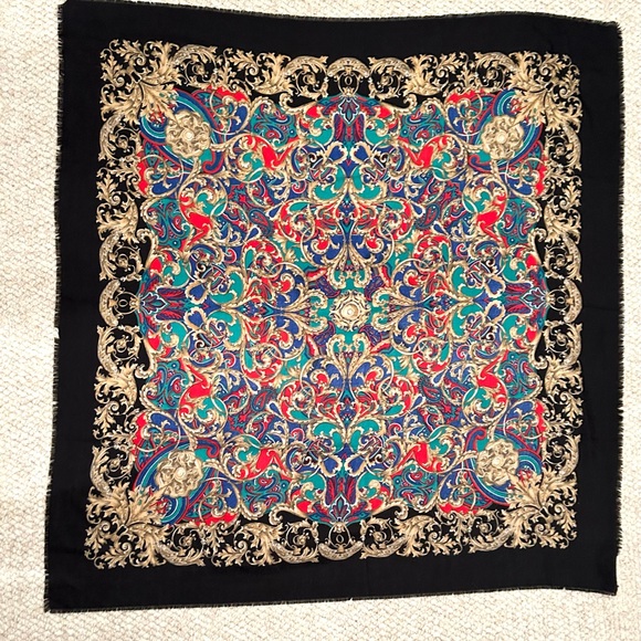 Large Scarf with Ornate Red Blue Black Gold Multicolored Baroque Design 46”x45” - Picture 8 of 9